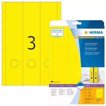 HERMA A4 61x297 mm geltoni popieriniai failų lipdukai, matiniai, nepermatomi, 60 vnt.