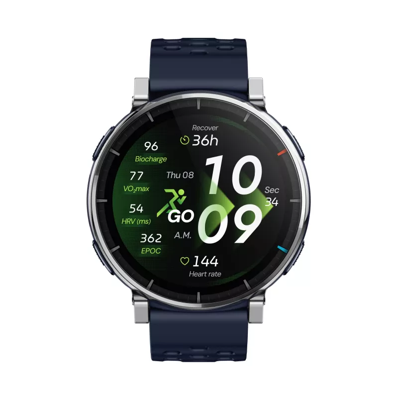 Išmanusis laikrodis Amazfit W2558GL2N — 1,32 colio (3,35 cm) AMOLED 466×466 px, GPS, 365 mAh, silikoninis dirželis (mėlynas)