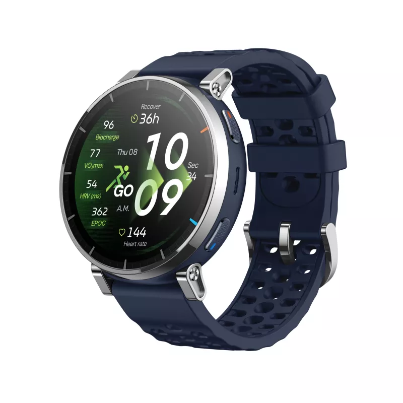 Išmanusis laikrodis Amazfit W2558GL2N — 1,32 colio (3,35 cm) AMOLED 466×466 px, GPS, 365 mAh, silikoninis dirželis (mėlynas)