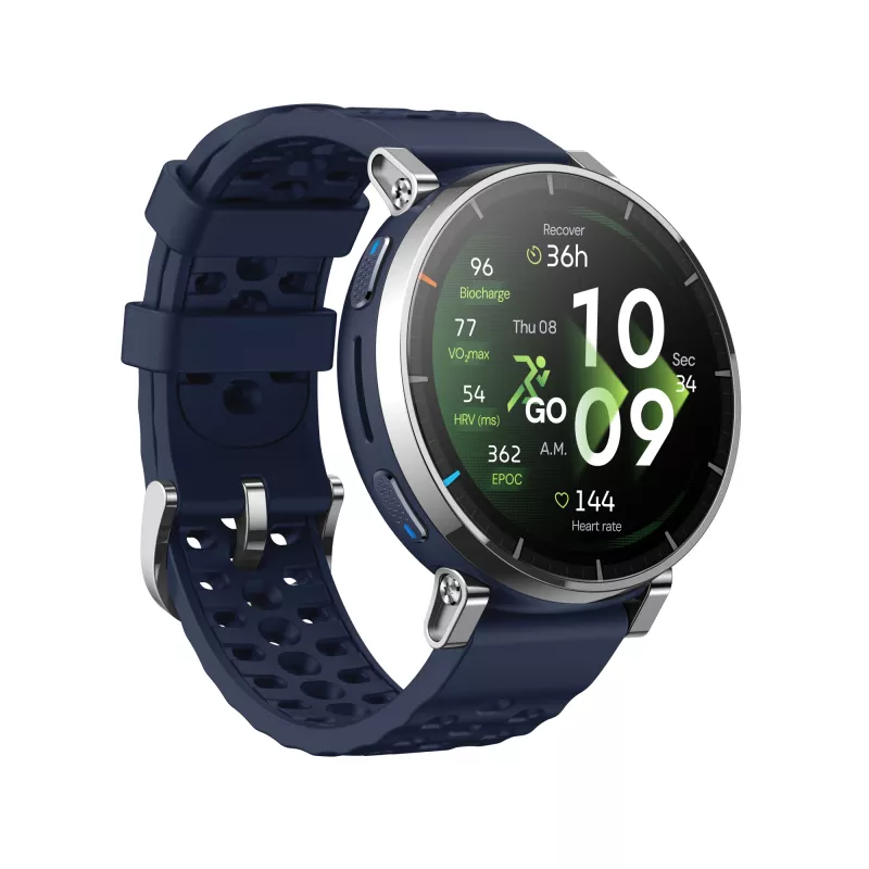 Išmanusis laikrodis Amazfit W2558GL2N — 1,32 colio (3,35 cm) AMOLED 466×466 px, GPS, 365 mAh, silikoninis dirželis (mėlynas)