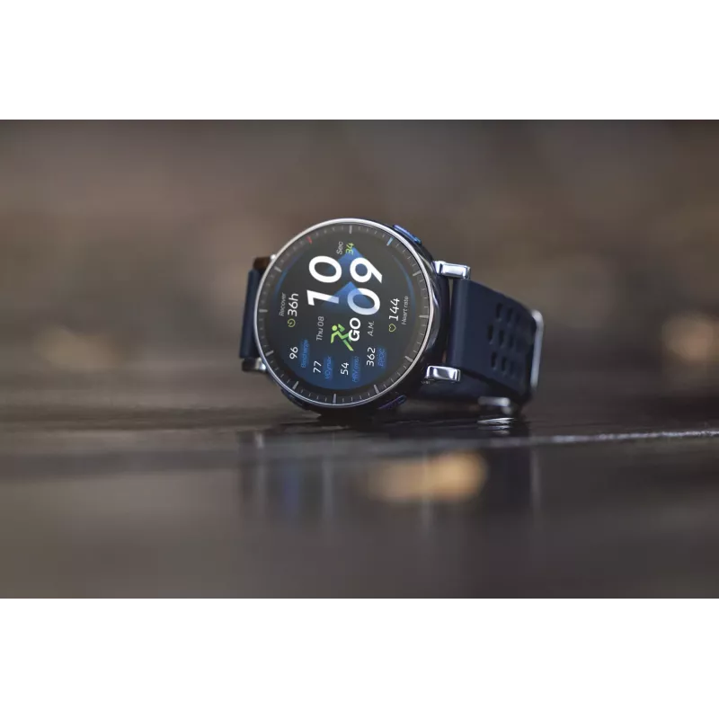 Išmanusis laikrodis Amazfit W2558GL2N — 1,32 colio (3,35 cm) AMOLED 466×466 px, GPS, 365 mAh, silikoninis dirželis (mėlynas)
