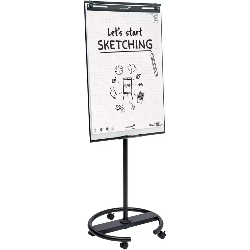 Mobilus flipchartas su apvaliu pagrindu Legamaster SKETCH EASY — plieninis, 5 ratukai, 720×600 mm