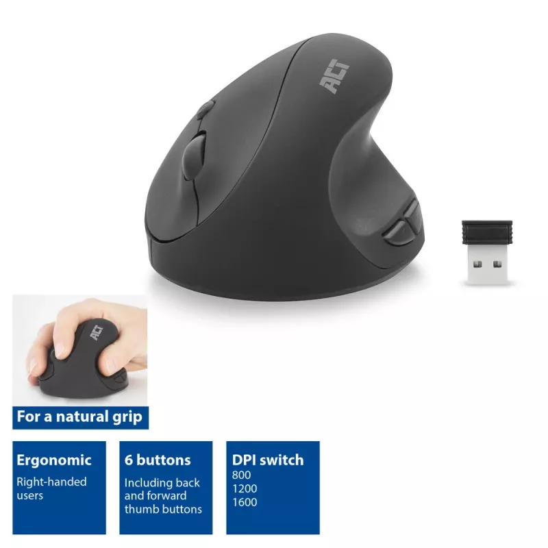 ACT belaidė ergonominė vertikali pelė AC5101, 1600 DPI, RF belaidis ryšys