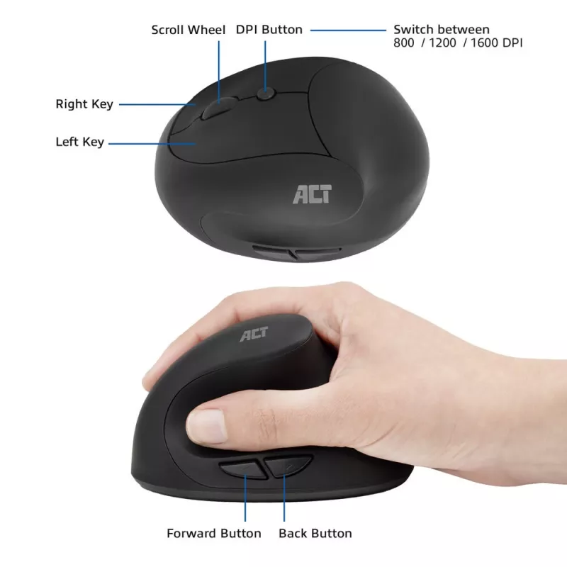 ACT belaidė ergonominė vertikali pelė AC5101, 1600 DPI, RF belaidis ryšys