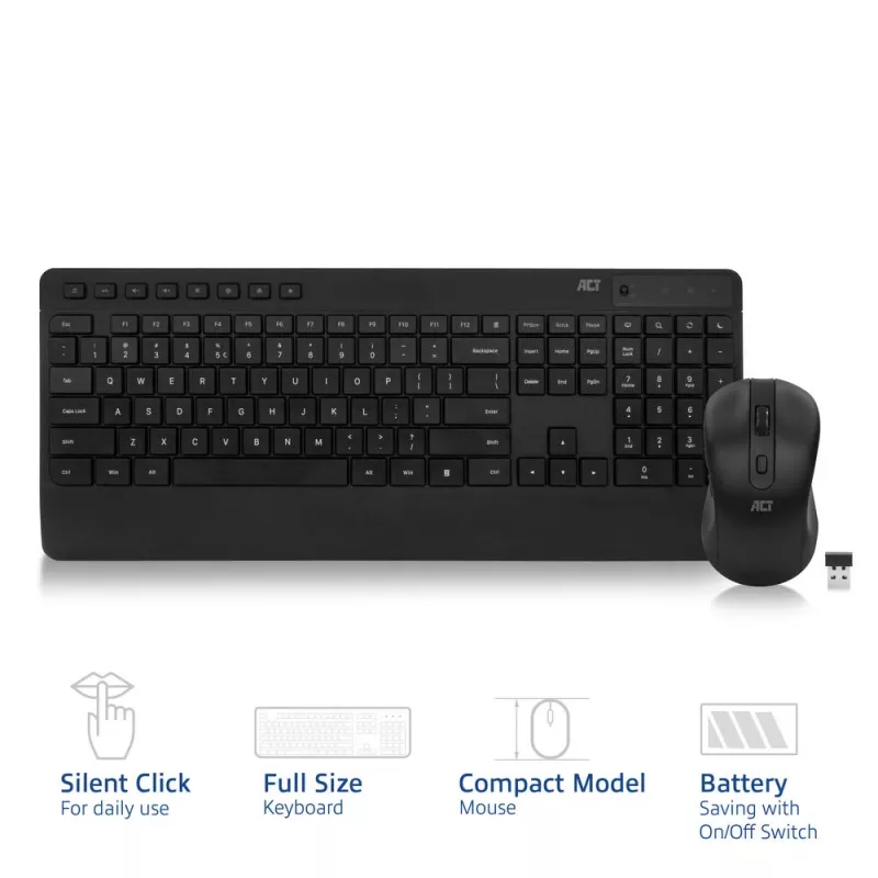 Belaidis klaviatūros ir pelės rinkinys ACT (Qwerty), tyli spaudimo mechanika, ekologiškas, iš perdirbtų medžiagų