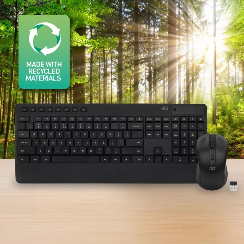 Belaidis klaviatūros ir pelės rinkinys ACT (Qwerty), tyli spaudimo mechanika, ekologiškas, iš perdirbtų medžiagų