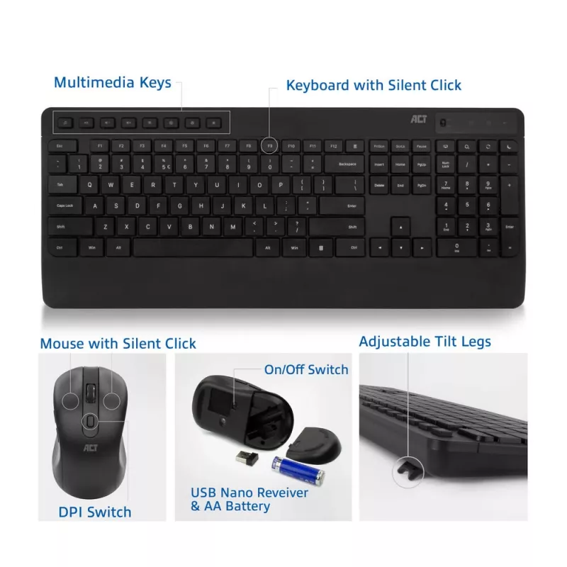 Belaidis klaviatūros ir pelės rinkinys ACT (Qwerty), tyli spaudimo mechanika, ekologiškas, iš perdirbtų medžiagų