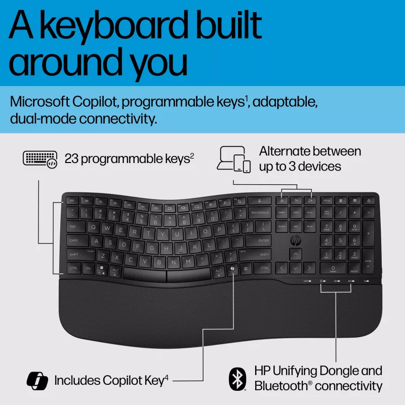 HP 680 Comfort Dual-Mode klaviatūra, pilno dydžio (100%), belaidė, RF belaidis + Bluetooth, QWERTY, juoda
