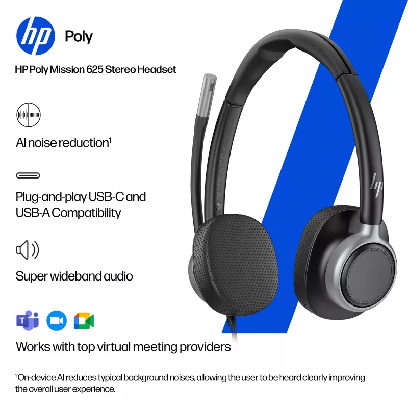 Laidinės stereo USB ausinės HP Poly Mission 625 – ant ausų, 147 g, USB jungtis (didmeninė pakuotė)