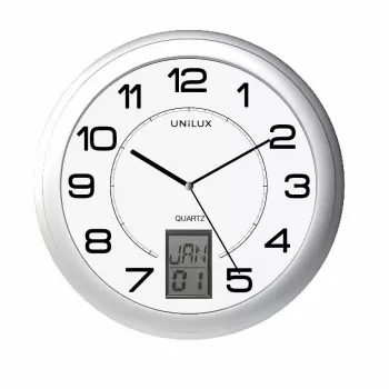 Sieninis/stalinis laikrodis Unilux 100340853 — Kvarcinis, apvalus, metalinis sidabrinis, Ø 31 cm, baterija AA/AAA