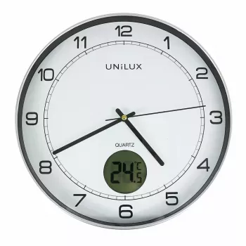 Sieninis/stalinis laikrodis Unilux 400094592 — kvarcinis, apvalus, metalinis sidabrinis, Ø 30 cm, baterija AA/AAA