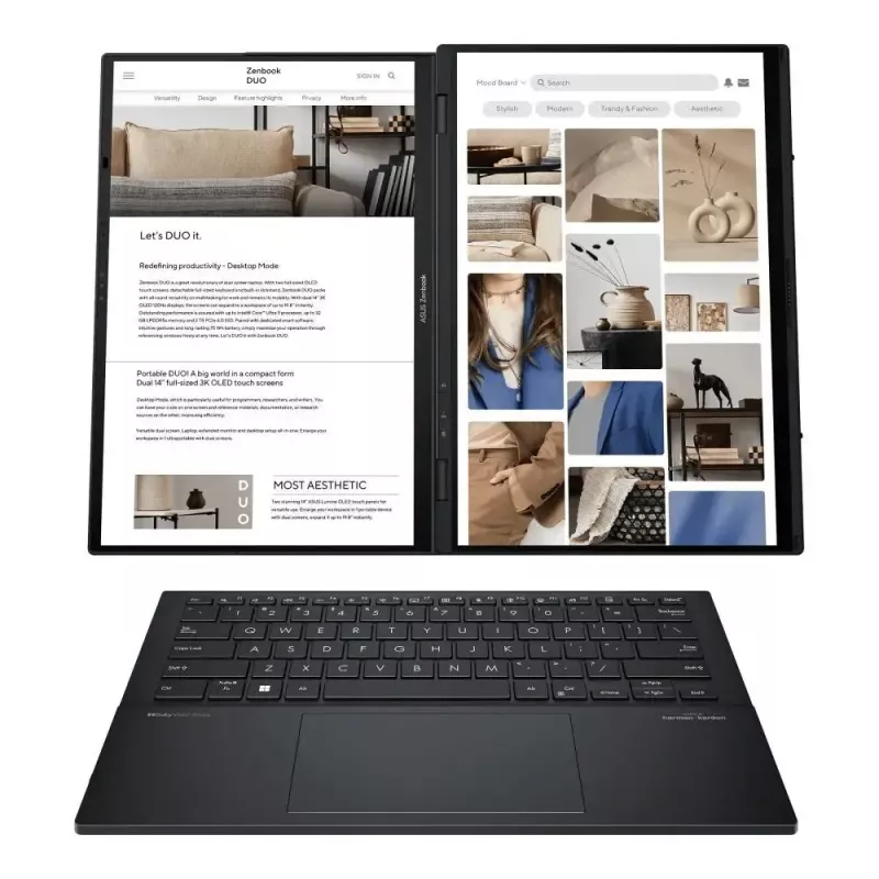 Nešiojamas kompiuteris ASUS Zenbook Duo UX8406CA-QL121W — Ultra 7 2x14,0 colio OLED FHD liečiamas 60Hz, 32GB LPDDR5X, 1TB SSD, Intel Arc, 75WHr, 1080p kamera