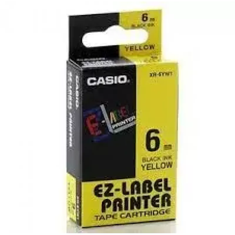 Lipnių etikečių juosta CASIO XR-6YW1 — 6 mm x 8 m, juodas tekstas geltoname fone, juoda kasetė