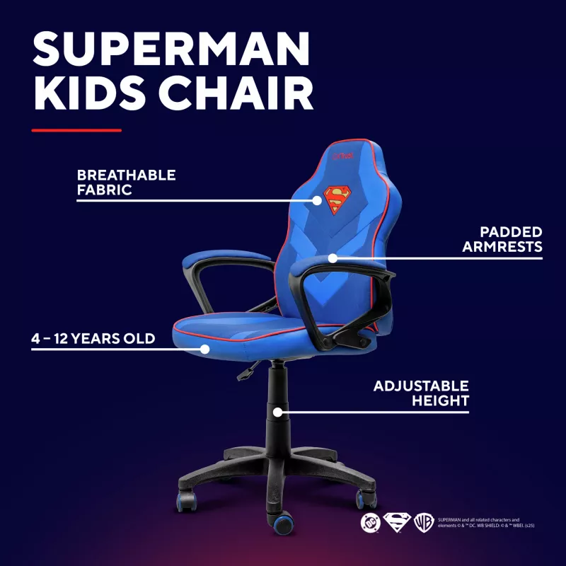 Žaidimų kėdė vaikams TRUST GXT 703SM REVVO Kids Superman Blue – ergonomiška vaikiška kėdė su reguliavimais