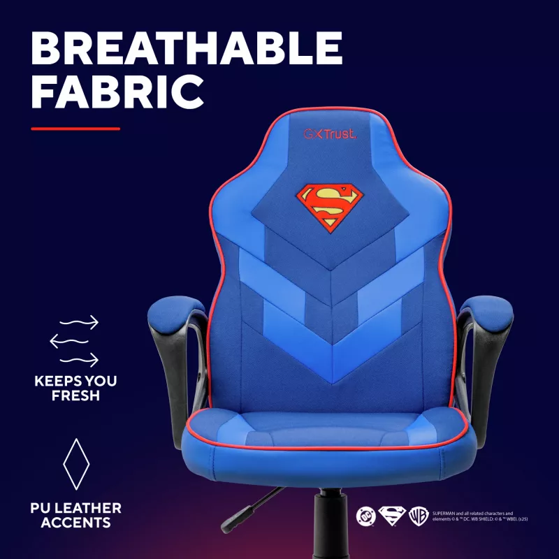 Žaidimų kėdė vaikams TRUST GXT 703SM REVVO Kids Superman Blue – ergonomiška vaikiška kėdė su reguliavimais