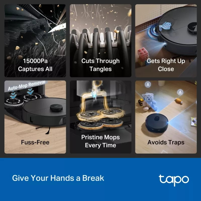 Robotinis siurblys TP-Link Tapo RV50 Pro Omni — 0,28 L dulkių talpa, 5200 mAh baterija, bazinė stotis su 3 L dulkių rezervuaru