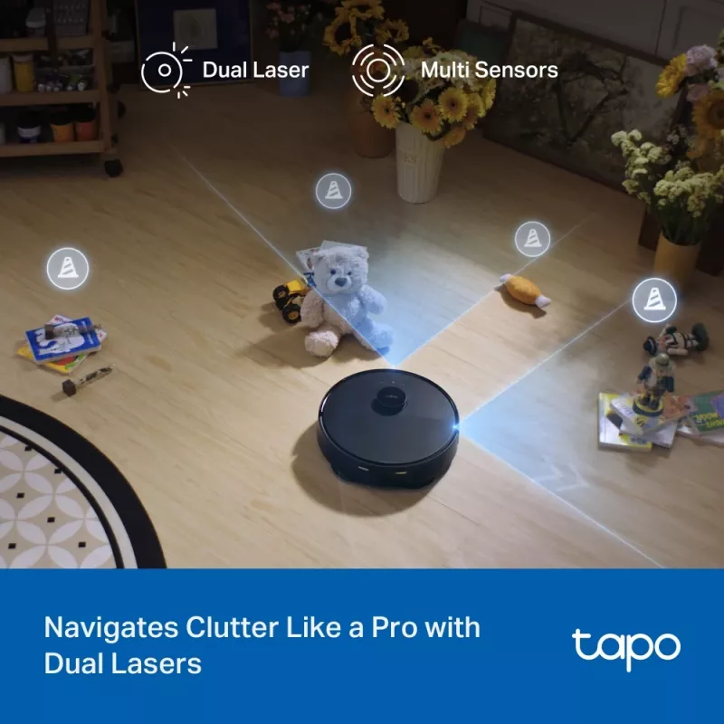 Robotinis siurblys TP-Link Tapo RV50 Pro Omni — 0,28 L dulkių talpa, 5200 mAh baterija, bazinė stotis su 3 L dulkių rezervuaru
