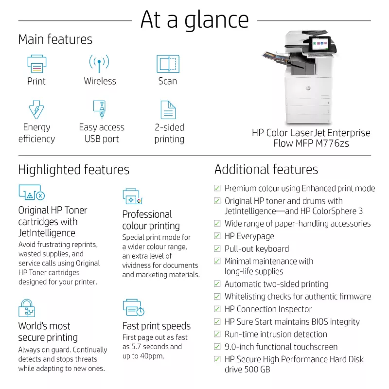 HP Color LaserJet Enterprise Flow MFP M776zs daugiafunkcis spausdintuvas, lazerinis, spalvotas, 1200 x 1200 DPI, A3, tiesioginis spausdinimas, juoda, balta