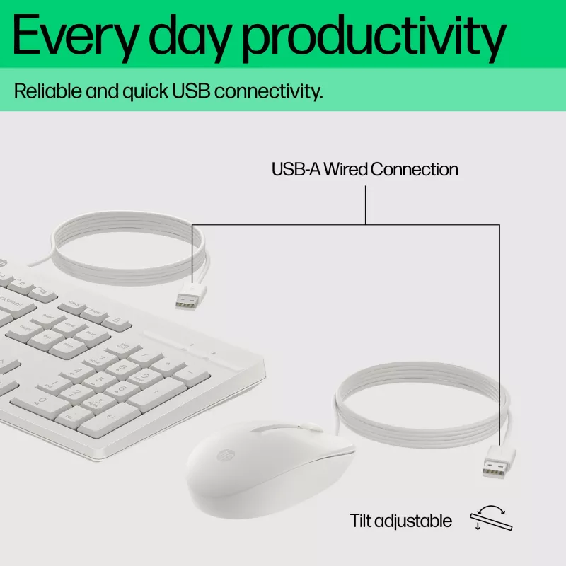HP 225 laidinis pelės ir klaviatūros rinkinys, pilno dydžio (100%), USB, balta, pelė įtraukta