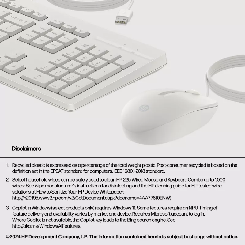 HP 225 laidinis pelės ir klaviatūros rinkinys, pilno dydžio (100%), USB, balta, pelė įtraukta