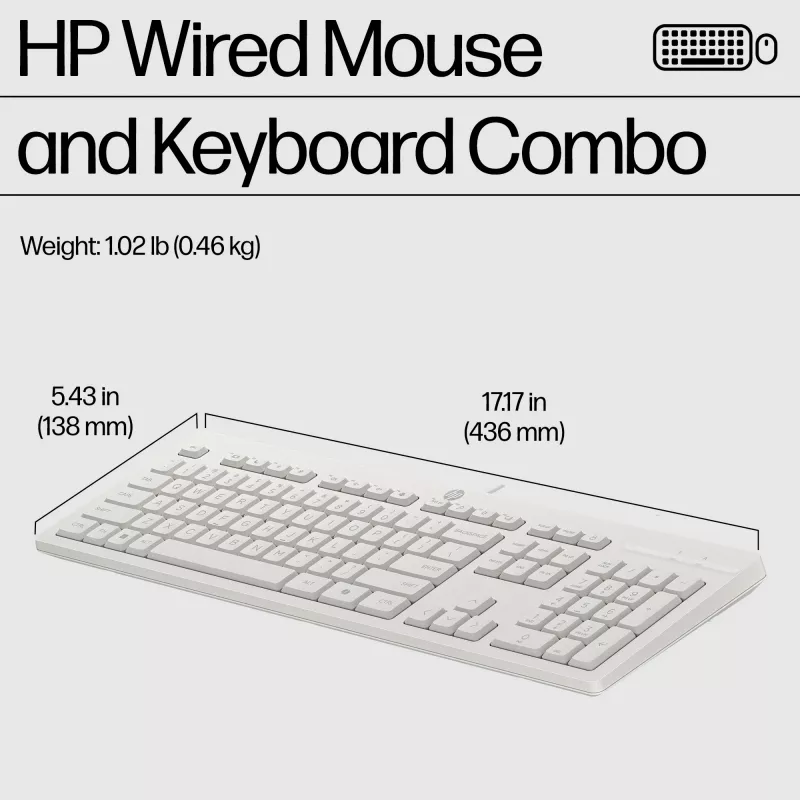 HP 225 laidinis pelės ir klaviatūros rinkinys, pilno dydžio (100%), USB, balta, pelė įtraukta