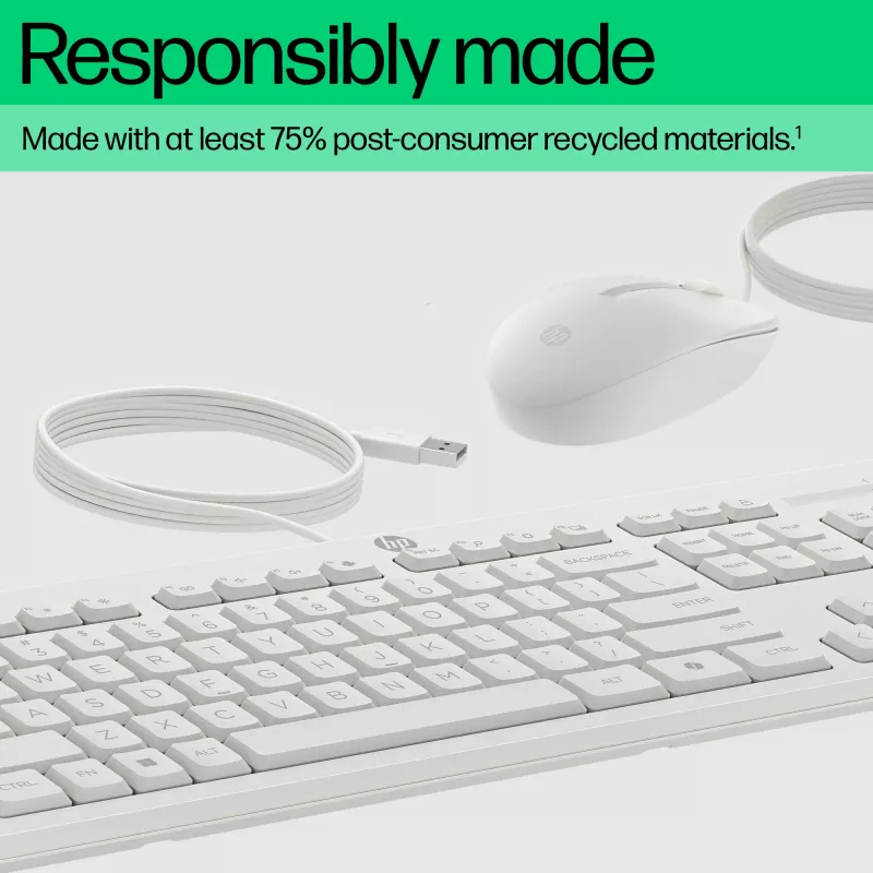 HP 225 laidinis pelės ir klaviatūros rinkinys, pilno dydžio (100%), USB, balta, pelė įtraukta