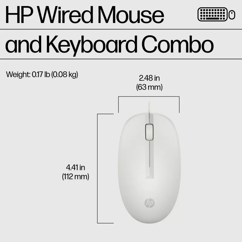 HP 225 laidinis pelės ir klaviatūros rinkinys, pilno dydžio (100%), USB, balta, pelė įtraukta