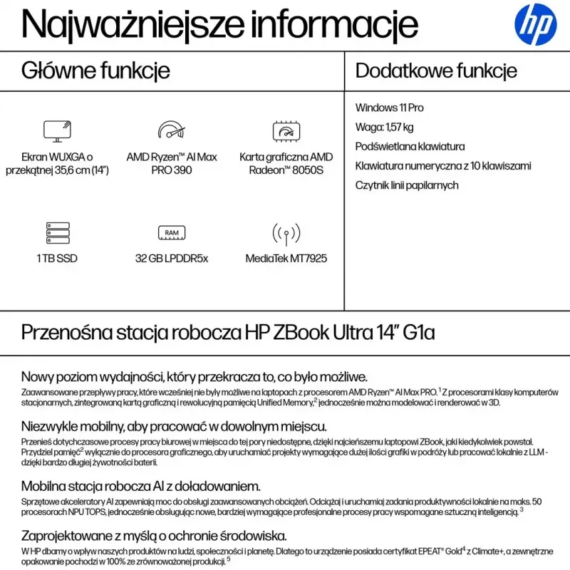 Nešiojamas darbo kompiuteris HP ZBook Ultra 14 G1a Ryzen AI MAX PRO 390, 14,0 colio WUXGA IPS 1920×1200, 32 GB LPDDR5x-8533, 1 TB NVMe SSD, Radeon 8050S