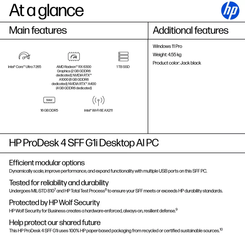 Kompiuteris HP ProDesk 4 SFF G1i AI – Intel Core Ultra 7 265 (5,3 GHz, 20 branduolių), 16 GB DDR5, 1 TB NVMe SSD, Windows 11 Pro, Wi‑Fi 6E