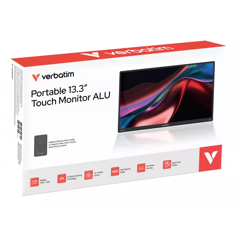 Nešiojamas monitorius VERBATIM 13,3 colio WUXGA (1920x1200) IPS jutiklinis ekranas, baterija, USB-A/USB-C, 3,5 mm, aliuminis, 0,925 kg
