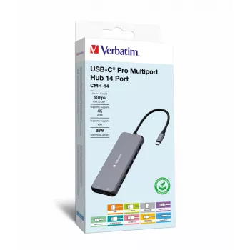 Verbatim CMH-14 USB-C 14 prievadų stotelė, 5000 Mbit/s, sidabrinė