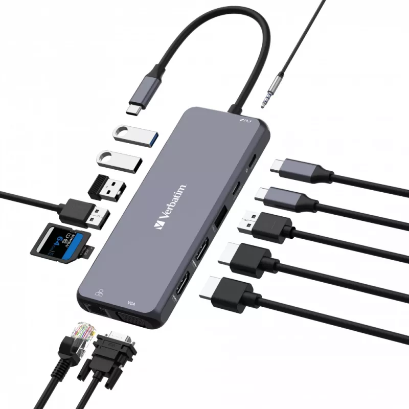 Verbatim CMH-14 USB-C 14 prievadų stotelė, 5000 Mbit/s, sidabrinė