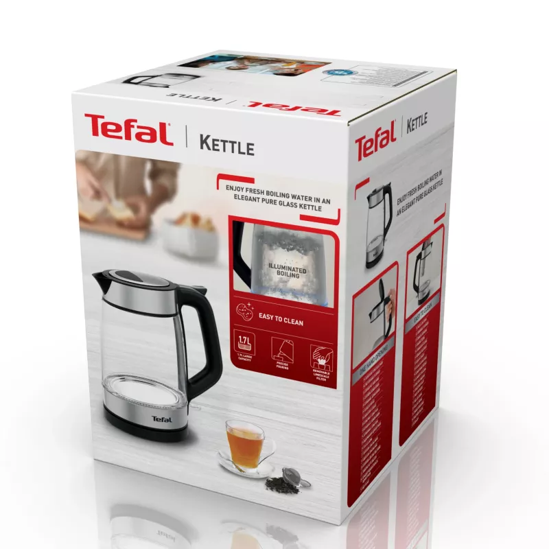Tefal Glass Kettle KI605830 elektrinis virdulys 1,7 L 2200 W juodas, sidabrinis, permatomas