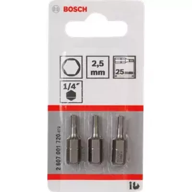 Bosch 3 vnt. apsauginių šešiakampių antgalių rinkinys 2,5 mm, 25 mm, 1/4 colio kotas
