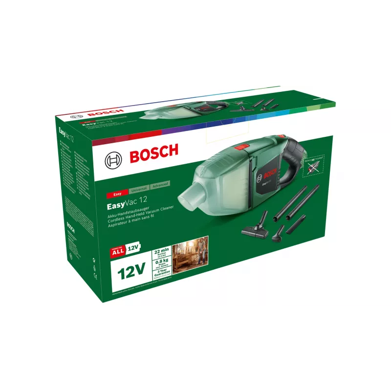 Bosch EasyVac 12 2-in-1 belaidis dulkių siurblys sausam valymui, be maišelio, žalias