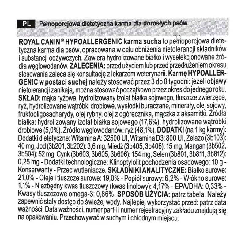 Royal Canin Hypoallergenic Adult sausas šunų ėdalas 14 kg, kepenys, ryžiai, daržovės