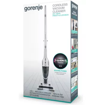 Gorenje SVC180FW 2-in-1 belaidis šluotinis dulkių siurblys su HEPA filtru, 0,6 l, baltas