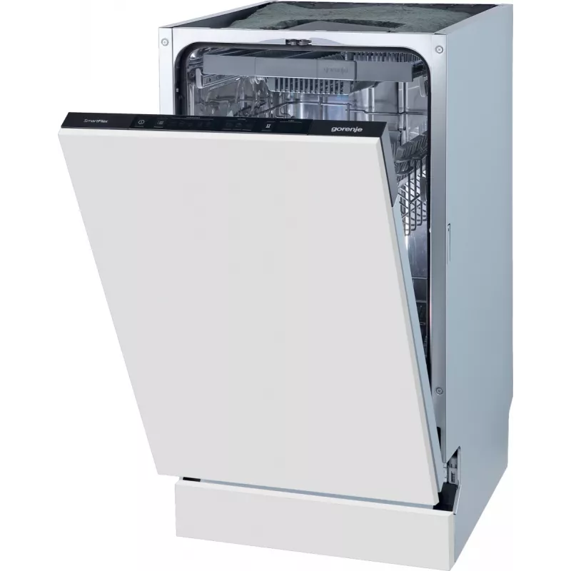 Indaplovė Gorenje GV561D10 BK070, visiškai įmontuojama, siaura (45 cm), balta, juoda, su mygtukais