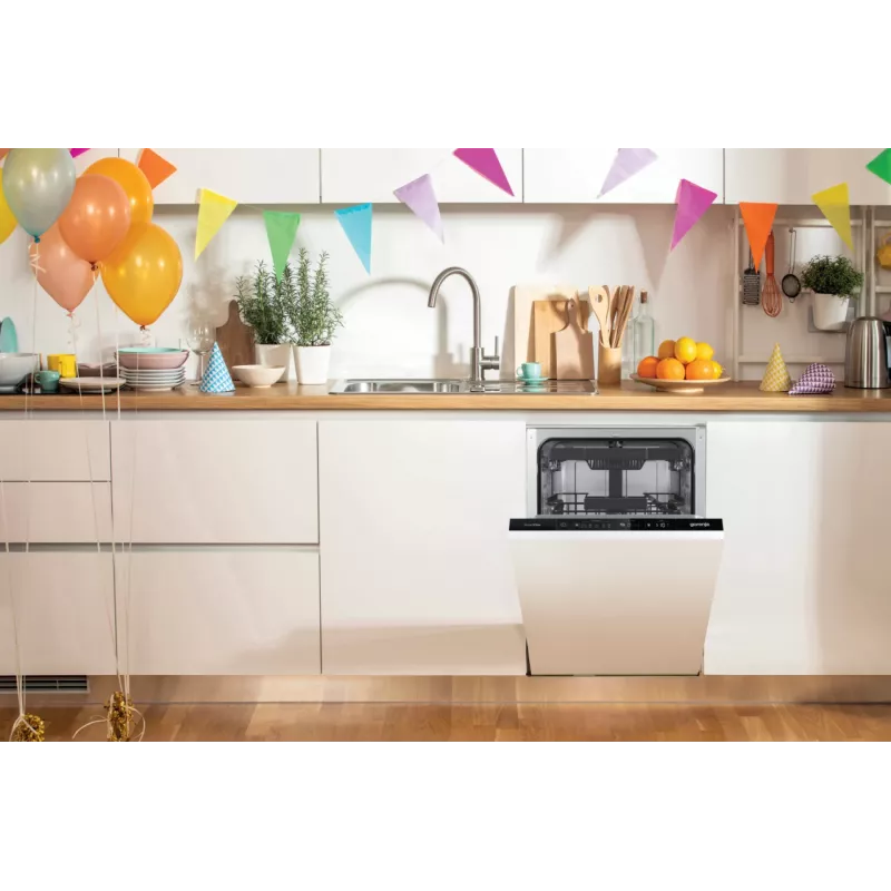 Indaplovė Gorenje GV561D10 BK070, visiškai įmontuojama, siaura (45 cm), balta, juoda, su mygtukais