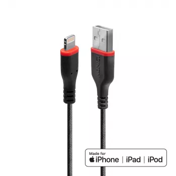Lindy 1m sustiprintas USB A – Lightning laidas, 1 m, juodas