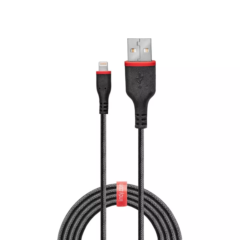 Lindy 1m sustiprintas USB A – Lightning laidas, 1 m, juodas