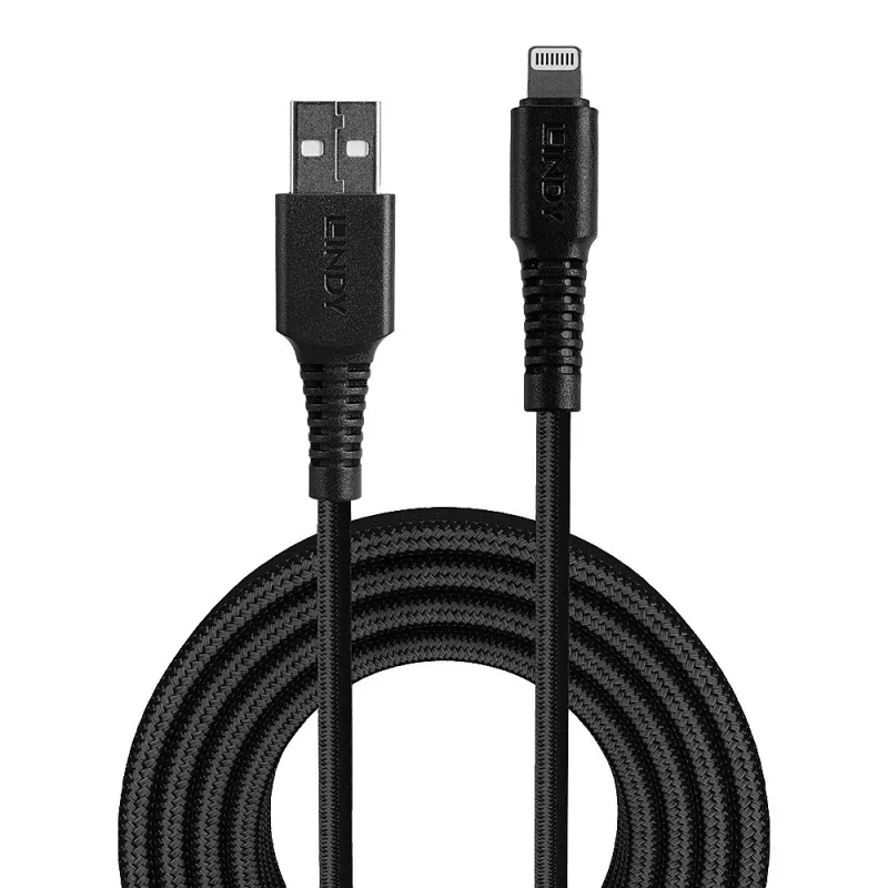 Lindy 3m sustiprintas USB A į Lightning įkrovimo ir sinchronizavimo laidas