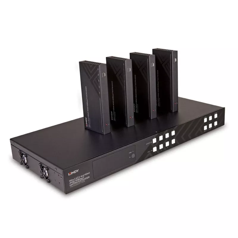 Lindy 150 m Cat.6 4x4 HDMI 4K60 HDBaseT matricinis prailgintuvas, 3840 x 2160 pikselių, AV siųstuvas ir imtuvas, laidinis, juodas