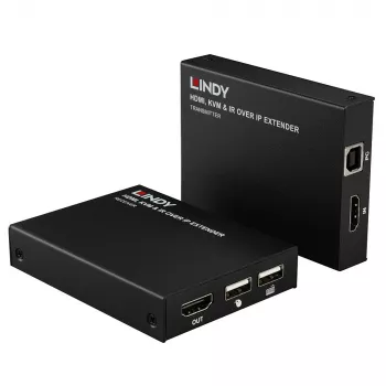 Lindy HDMI, KVM ir IR per IP siųstuvas-imtuvas, laidinis, 150 m, Cat5e, Cat6, juodas, metalinis