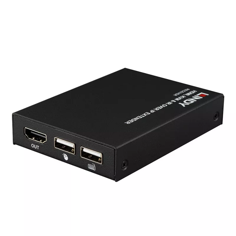 Lindy HDMI, KVM ir IR per IP plėtiklis, imtuvas ir siųstuvas, 150 m, Cat5e/Cat6, juodas, metalinis
