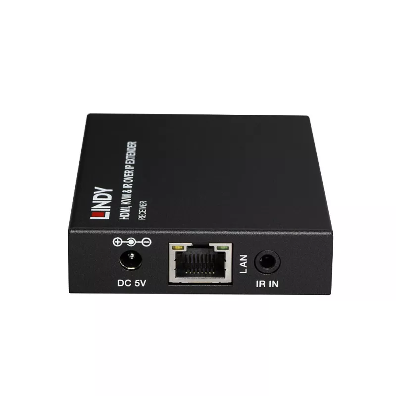 Lindy HDMI, KVM ir IR per IP plėtiklis, imtuvas ir siųstuvas, 150 m, Cat5e/Cat6, juodas, metalinis