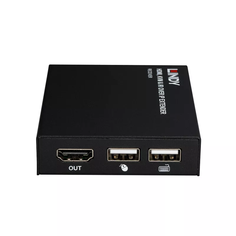 Lindy HDMI, KVM ir IR per IP plėtiklis, imtuvas ir siųstuvas, 150 m, Cat5e/Cat6, juodas, metalinis