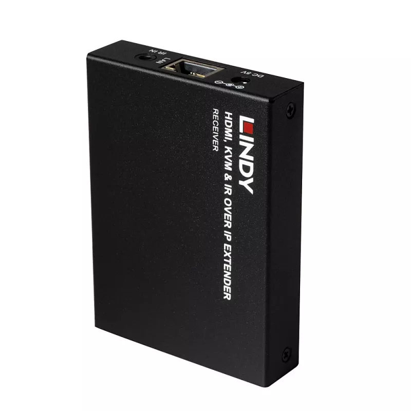 Lindy HDMI, KVM ir IR per IP plėtiklis, imtuvas ir siųstuvas, 150 m, Cat5e/Cat6, juodas, metalinis