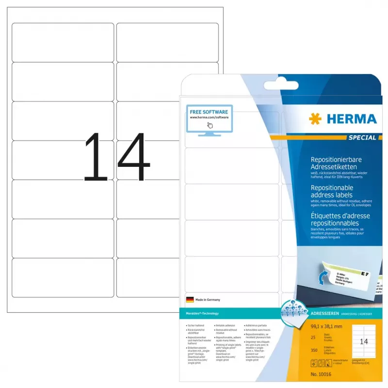 Perklijuojamos adresų etiketės HERMA 99,1x38,1 mm balta 350 vnt.