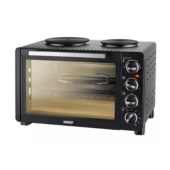 Unold Small Kitchen All in One – laisvai pastatoma viryklė, juoda, su 2 kaitvietėmis ir 30 l orkaite
